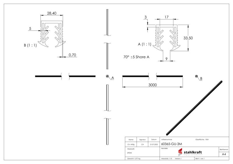 Keildichtung für Glas 10,00 - 13,52mm, für Nut 27x30mm, 3000mm, EPDM