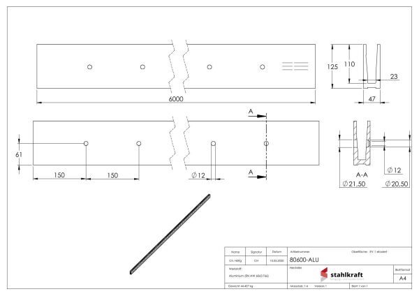 Alu-Profil ELEGANZA STRONG  zur seitlichen Montage, in Edelstahleffekt, L: 6000mm, eloxiert, 20my Schichtdicke, E4 = Schliff, EV1 = Farbton Silber, mit AbP und statischer Berechnung für 0,5 - 3,0 kN Holmlast