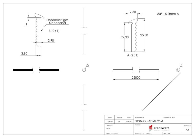 Abschlussdichtung, mit doppelseitigem Klebeband, EPDM 80+-5° Shore, 25m, schwarz, für Gummiset 80502-GU