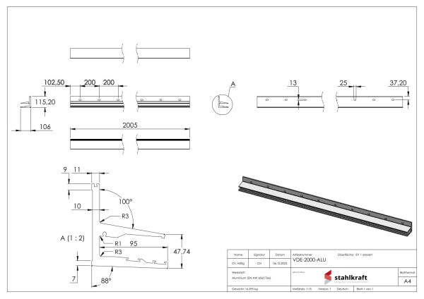Vordachprofil eleganza canopy, L: 2005mm, Aluminium eloxiert mit Edelstahleffekt (E4/EV1), mit ETA (European Technical Assessment) und Typenstatik