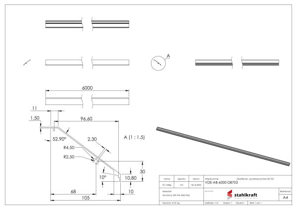 Design-Abdeckung für Vordach-Profil eleganza canopy, L: 6000mm, Aluminium pulverbeschichtet DB703, zum Einhängen