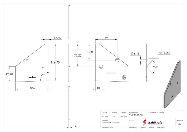 Endkappe links inkl. Schrauben für Vordachprofil eleganza canopy, Aluminium eloxiert mit Edelstahleffekt (E4/EV1)