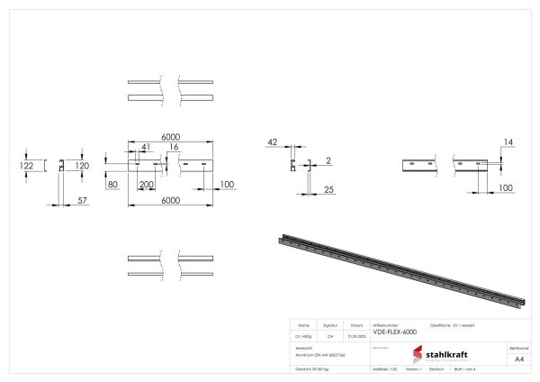 FLEX:MOUNT PRO Profil-Set für eleganza canopy Vordach  bestehend aus Montageprofil (6000mm) und Abdeckung (6000mm)