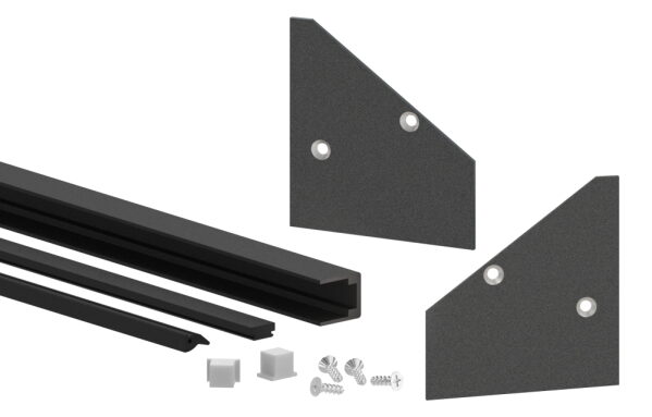 Montage-Set zu Vordach-Profil eleganza canopy, für Glas 21,52mm mit der Breite 2,200m, bestehend aus 1x Auflagegummi, 1x Glasschutzgummi (geteilt), 1x Dichtgummi, 2x Scheibensicherung, 1x seitliche Endkappe links, 1x seitliche Endkappe rechts, 1x Montagea
