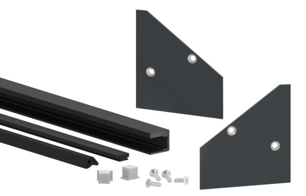 Montage-Set zu Vordach-Profil eleganza canopy, für Glas 17,52mm mit der Breite 2,400m, bestehend aus 1x Auflagegummi, 1x Glasschutzgummi (geteilt), 1x Dichtungsgummi, 2x  Scheibensicherung, 1x seitliche Endkappe links, 1x seitliche Endkappe rechts, 1x Mon