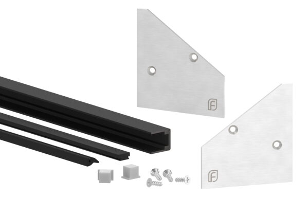 Montage-Set zu Vordach-Profil eleganza canopy, für Glas 21,52mm mit der Breite 3000mm, bestehend aus 1x Auflagegummi, 1x Glasschutzgummi (geteilt), 1x Dichtungsgummi, 2x  Scheibensicherung, 1x seitliche Endkappe links, 1x seitliche Endkappe rechts, 1x Mon