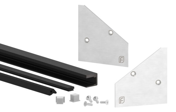 Montage-Set zu Vordach-Profil eleganza canopy, für Glas 17,52mm mit der Breite 6000mm, bestehend aus 1x Auflagegummi, 1x Glasschutzgummi (geteilt), 1x Dichtungsgummi, 2x  Scheibensicherung, 1x seitliche Endkappe links, 1x seitliche Endkappe rechts, 1x Mon