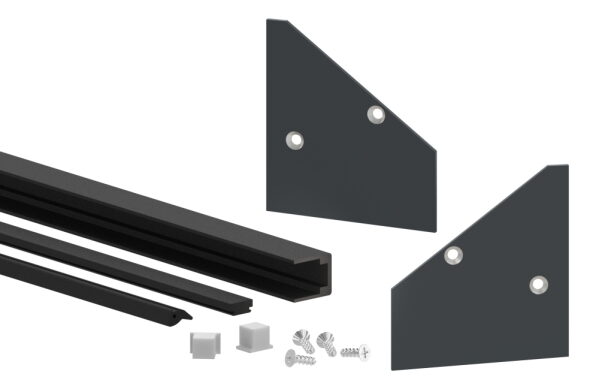 Montage-Set zu Vordach-Profil eleganza canopy, für Glas 21,52mm mit der Breite 6,000m, bestehend aus 1x Auflagegummi, 1x Glasschutzgummi (geteilt), 1x Dichtungsgummi, 2x  Scheibensicherung, 1x seitliche Endkappe links, 1x seitliche Endkappe rechts, 1x Mon