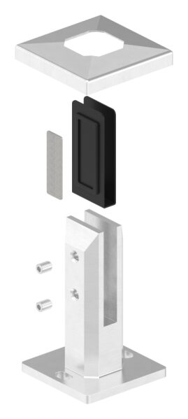 Bodenglashalter eckig, passend für Glas 12 - 12,76mm, Glas wird nur geklemmt, aus Duplex Stahl 2205, V4A, inkl. Gummi