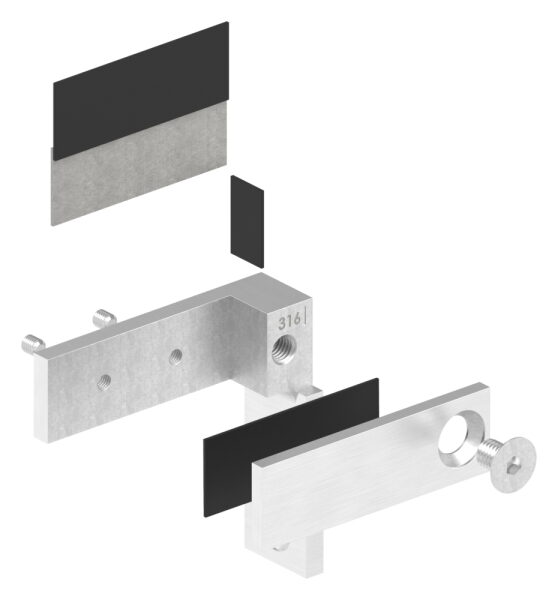 Glasverbinder für Wandmontage, passend für Glas 12 - 12,76mm, Glas wird nur geklemmt, V4A, inkl. Gummi