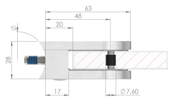 Glasklemme Mod. 12, Maße: 63x45x28mm, Anschluss: 42,4mm, in Edelstahleffekt, inkl. aller Schrauben, Sicherungsstift und Abdeckplättchen