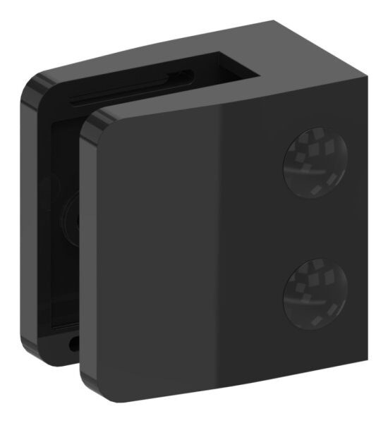 Glasklemme Mod. 14, Maße: 52x52x32,5mm, Anschluss: gerade, Zink roh pulverbeschichtet RAL 9005 glänzend, inkl. Sicherungsstift, aller Schrauben und Abdeckplättchen