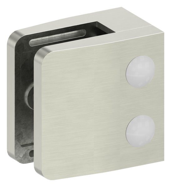 Glasklemme Mod. 14, Maße: 52x52x32,5mm, Anschluss: gerade, in Edelstahleffekt, inkl. Sicherungsstift, aller Schrauben und Abdeckplättchen