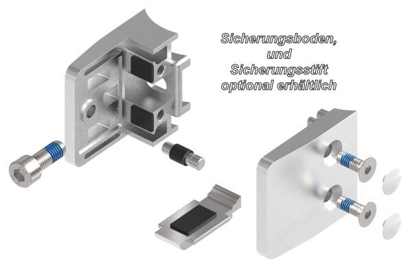 Glasklemme Mod. 14, Maße: 52x52x32,5mm, Anschluss: 48,3mm, V4A, inkl. Sicherungsstift, aller Schrauben und Abdeckplättchen