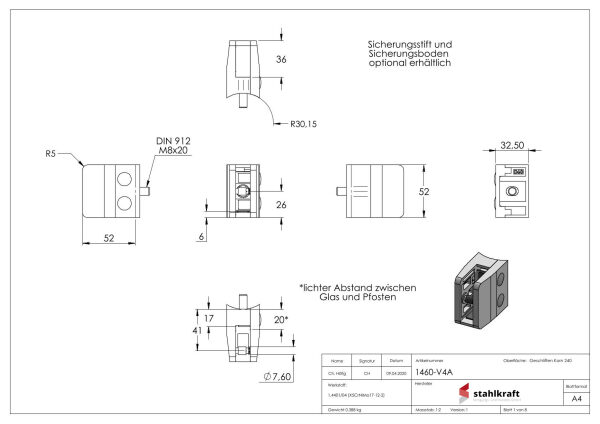 Glasklemme Mod. 14, Maße: 52x52x32,5mm, Anschluss: 60,3mm, V4A, inkl. Sicherungsstift, aller Schrauben und Abdeckplättchen