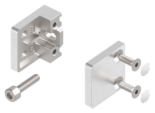 Glasklemme Mod. 22, Maße: 30x30x18mm, Anschluss: gerade, V2A, inkl. aller Schrauben und Abdeckplättchen