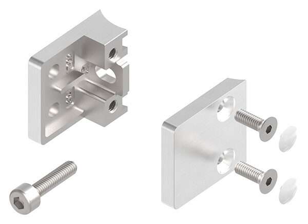 Glasklemme Mod. 22, Maße: 30x30x18mm, Anschluss: 26,9mm, V2A, inkl. aller Schrauben und Abdeckplättchen
