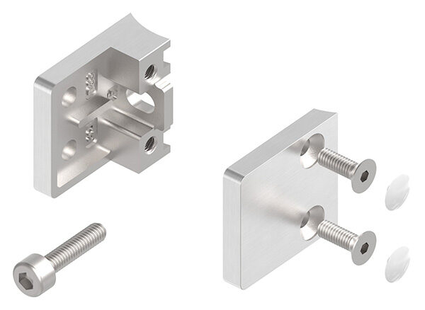 Glasklemme Mod. 22, Maße: 30x30x18mm, Anschluss: 33,7mm, V2A, inkl. aller Schrauben und Abdeckplättchen