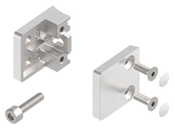 Glasklemme Mod. 22, Maße: 30x30x18mm, Anschluss: 42,4mm, V2A, inkl. aller Schrauben und Abdeckplättchen