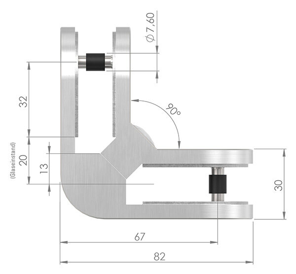 Eckglasklemme 90° Mod. 23, V4A, inkl. aller Schrauben, 2x Sicherungsstift und Abdeckplättchen, passend zu Modell 33 / 38