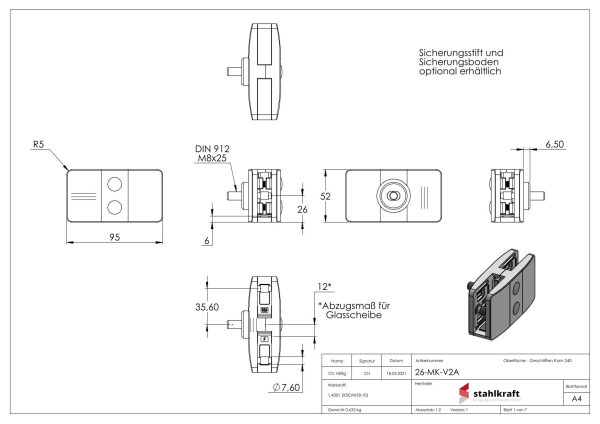 Sichtschutz Mittelglasklemme Mod. 26, V2A, inkl. aller Schrauben und Abdeckplättchen