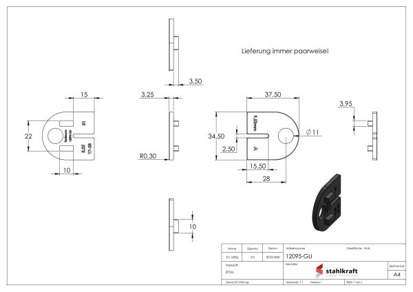 Gummi 1 Paar für  Mod. 12, VSG-Glas 9,52mm
