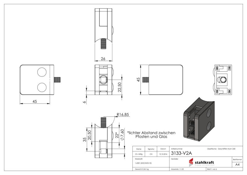 Glasklemme Mod. 31, Maße: 45x45x26mm, Anschluss: 33,7mm, V2A, inkl. aller Schrauben und Abdeckplättchen, mit AbZ