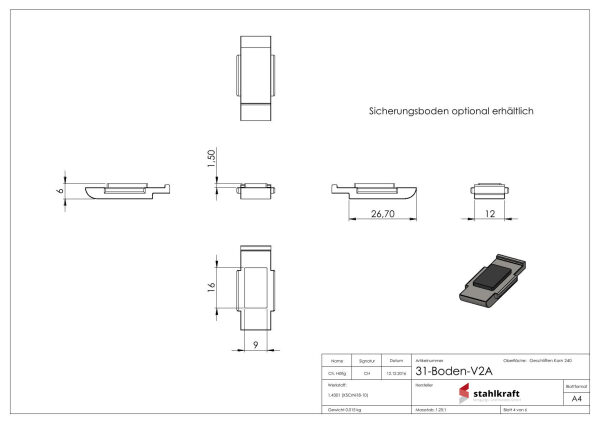 Glasklemme Mod. 31, Maße: 45x45x26mm, Anschluss: 33,7mm, V2A, inkl. aller Schrauben und Abdeckplättchen, mit AbZ