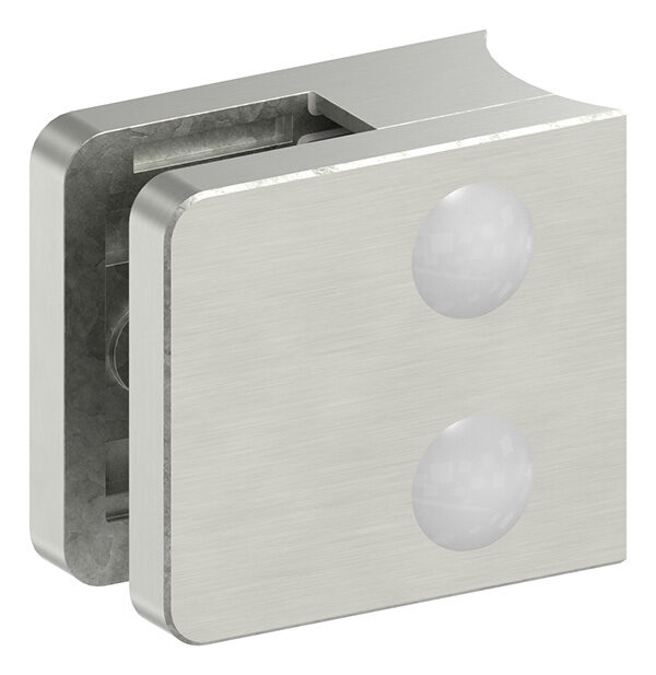 Glasklemme Mod. 31, Maße: 45x45x26mm, Anschluss: 42,4mm, in Edelstahleffekt, inkl. aller Schrauben und Abdeckplättchen, mit AbZ