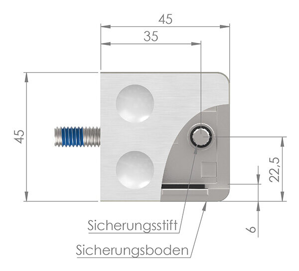 Glasklemme Mod. 31, Maße: 45x45x26mm, Anschluss: 48,3mm, V4A, inkl. aller Schrauben und Abdeckplättchen, mit AbZ