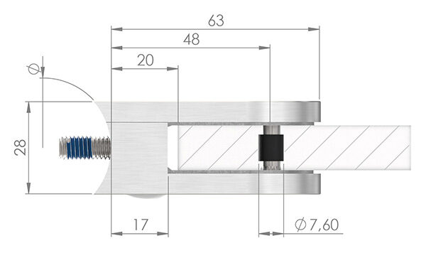 Glasklemme Mod. 32, Maße: 63x45x28mm, Anschluss: gerade, V2A, inkl. aller Schrauben und Abdeckplättchen, mit AbZ