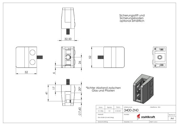 Glasklemme Mod. 34, Maße: 52x52x32,5mm, Anschluss: gerade, Zink roh, inkl. aller Schrauben und Abdeckplättchen, mit AbZ