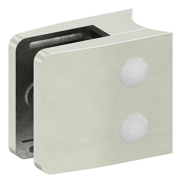 Glasklemme Mod. 34, Maße: 52x52x32,5mm, Anschluss: 42,4mm, in Edelstahleffekt, inkl. aller Schrauben und Abdeckplättchen, mit AbZ