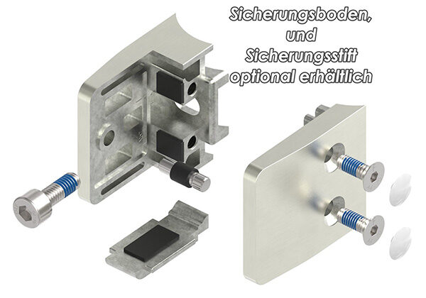 Glasklemme Mod. 34, Maße: 52x52x32,5mm, Anschluss: 42,4mm, in Edelstahleffekt, inkl. aller Schrauben und Abdeckplättchen, mit AbZ