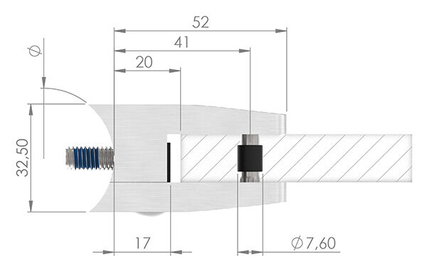 Glasklemme Mod. 34, Maße: 52x52x32,5mm, Anschluss: 42,4mm, in Edelstahleffekt, inkl. aller Schrauben und Abdeckplättchen, mit AbZ