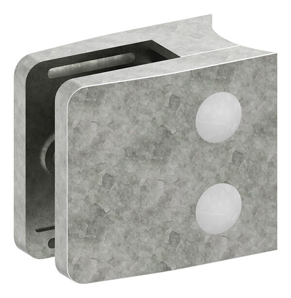 Glasklemme Mod. 34, Maße: 52x52x32,5mm, Anschluss: 48,3mm, Zink roh, inkl. aller Schrauben und Abdeckplättchen, mit AbZ