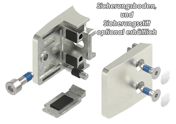 Glasklemme Mod. 34, Maße: 52x52x32,5mm, Anschluss: 48,3mm, in Edelstahleffekt, inkl. aller Schrauben und Abdeckplättchen, mit AbZ