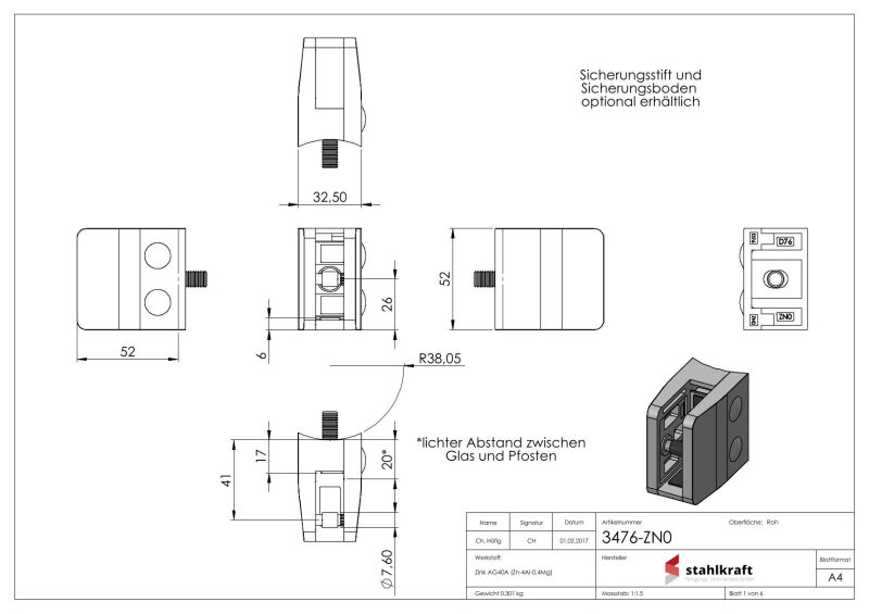 Glasklemme Mod. 34, Maße: 52x52x32mm, Anschluss: 76,1mm, Zink roh, inkl. aller Schrauben und Abdeckplättchen, mit AbZ