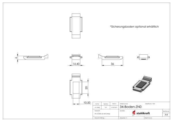 Glasklemme Mod. 34, Maße: 52x52x32mm, Anschluss: 76,1mm, Zink roh, inkl. aller Schrauben und Abdeckplättchen, mit AbZ