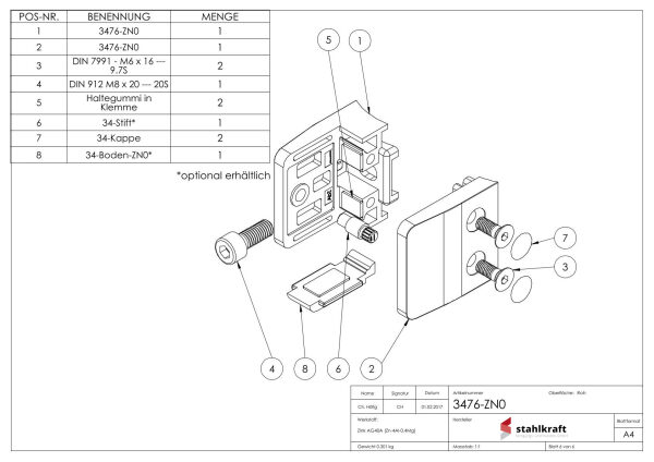 Glasklemme Mod. 34, Maße: 52x52x32mm, Anschluss: 76,1mm, Zink roh, inkl. aller Schrauben und Abdeckplättchen, mit AbZ