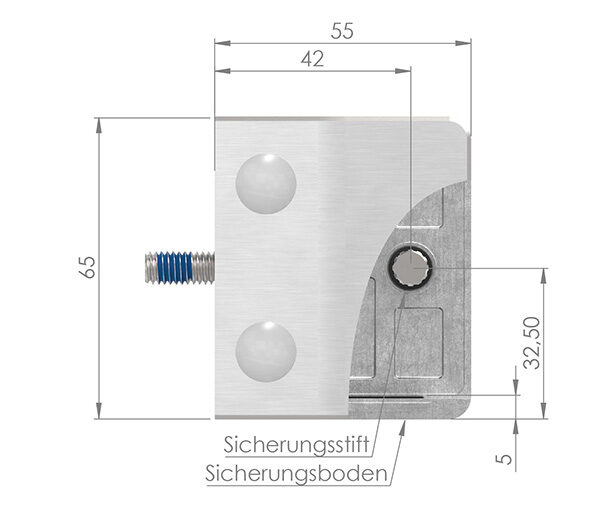 Glasklemme Mod. 35, Maße: 55x65x37mm, Anschluss: 60,3mm, Zink roh, inkl. aller Schrauben und Abdeckplättchen, mit AbZ