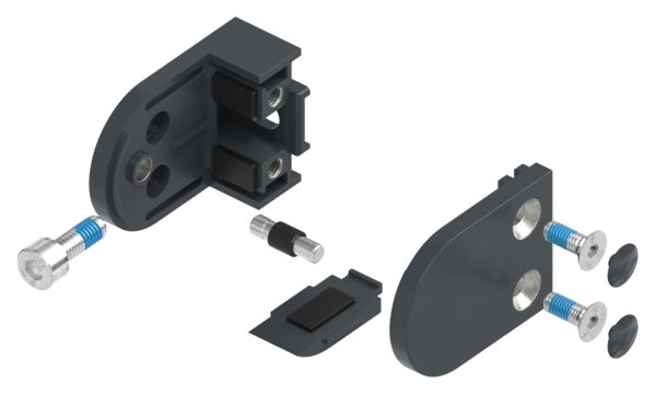 Glasklemme Mod. 38, Maße: 63x45x30mm, Anschluss: gerade, Zink roh pulverbeschichtet RAL 7016 matt, inkl. aller Schrauben und Abdeckplättchen, mit AbZ