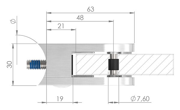 Glasklemme Mod. 38, Maße: 63x45x30mm, Anschluss: 48,3mm, V2A, inkl. aller Schrauben und Abdeckplättchen, mit AbZ