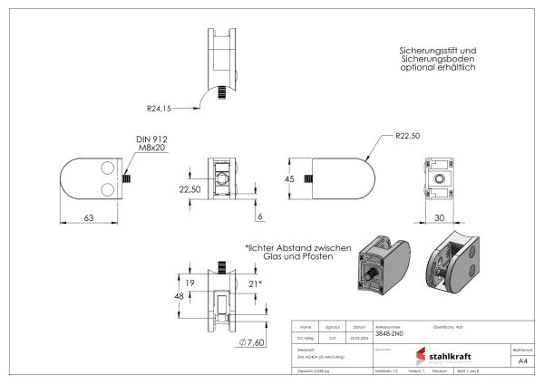 Glasklemme Mod. 38, Maße: 63x45x30mm, Anschluss: 48,3mm, Zink roh, inkl. aller Schrauben und Abdeckplättchen, mit AbZ