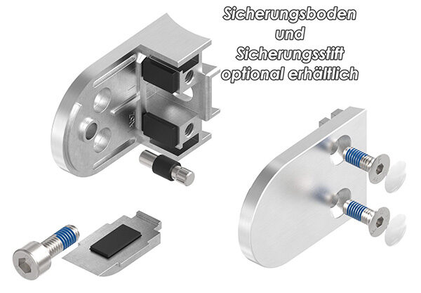 Glasklemme Mod. 38, Maße: 63x45x30mm, Anschluss: 60,3mm, V2A, inkl. aller Schrauben und Abdeckplättchen, mit AbZ