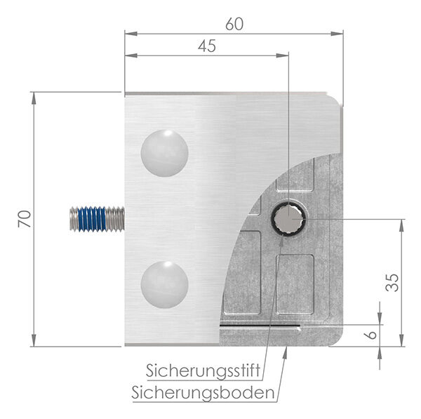 Glasklemme Mod. 39, Maße: 60x70x45mm, Anschluss: gerade, V2A, inkl. aller Schrauben und Abdeckplättchen, mit AbZ