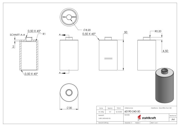 Unterteil Ø 30mm, mit Durchgangsbohrung für 30mm Glaspunkthalter, t: 50mm, mit geradem Anschluss, V2A