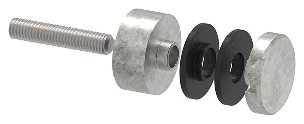 Glaspunkthalter, Ø 30mm, Anschluss: flach, Gewinde M8, Glasbohrung: mind. 15mm, Klemmbereich: 6,0 - 12,76mm, Zink roh, inkl. Gummi
