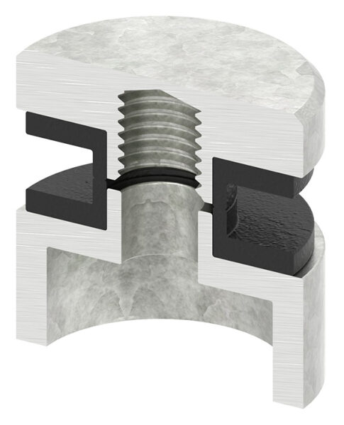 Glaspunkthalter, Ø 30mm, Anschluss: flach, Gewinde M8, Glasbohrung: mind. 15mm, Klemmbereich: 6,0 - 12,76mm, Zink roh, inkl. Gummi