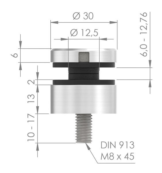 Glaspunkthalter, Ø 30mm, Anschluss: flach, Gewinde M8, Glasbohrung: mind. 15mm, Klemmbereich: 6,0 - 12,76mm, Zink roh, inkl. Gummi